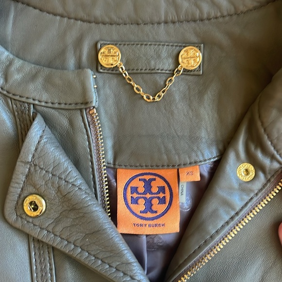 TORY BURCH Green Lambskin & Sweater-Sleeved Biker Jacket Sz XS - Picture 10 of 12